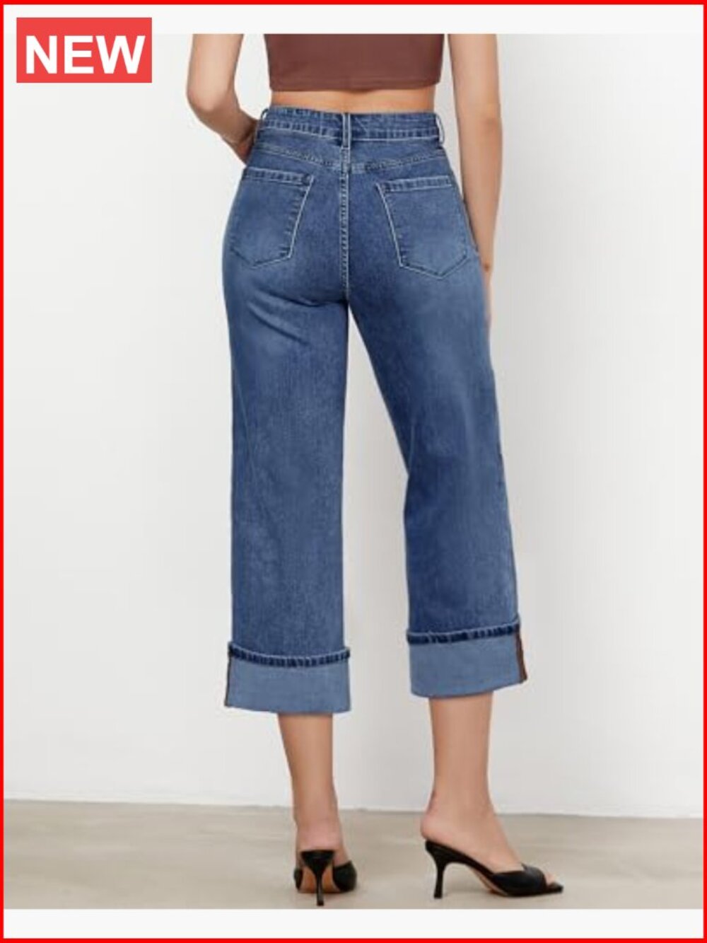 Wide Leg High Waisted Stretchy Denim Crop Pants with Pockets - Picture 2 of 7
